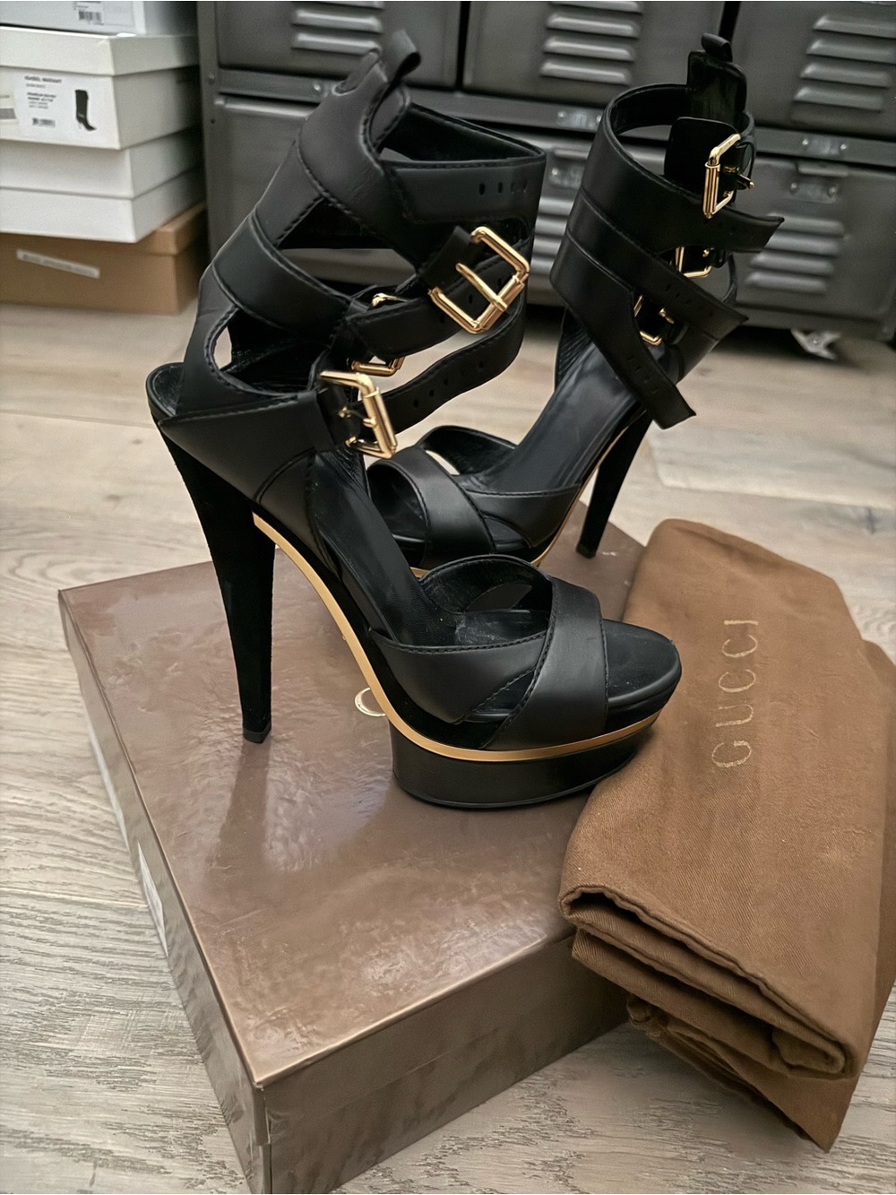 Gucci Black Leather Platform Strappy High Heels with Gold Buckles